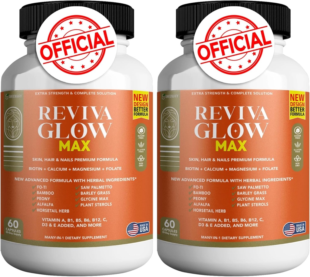 Reviva Glow Max - hår, hud & negle Support Supplement til 124; Biotin, Calcium, Magnesium, Folate & Herbal Blend