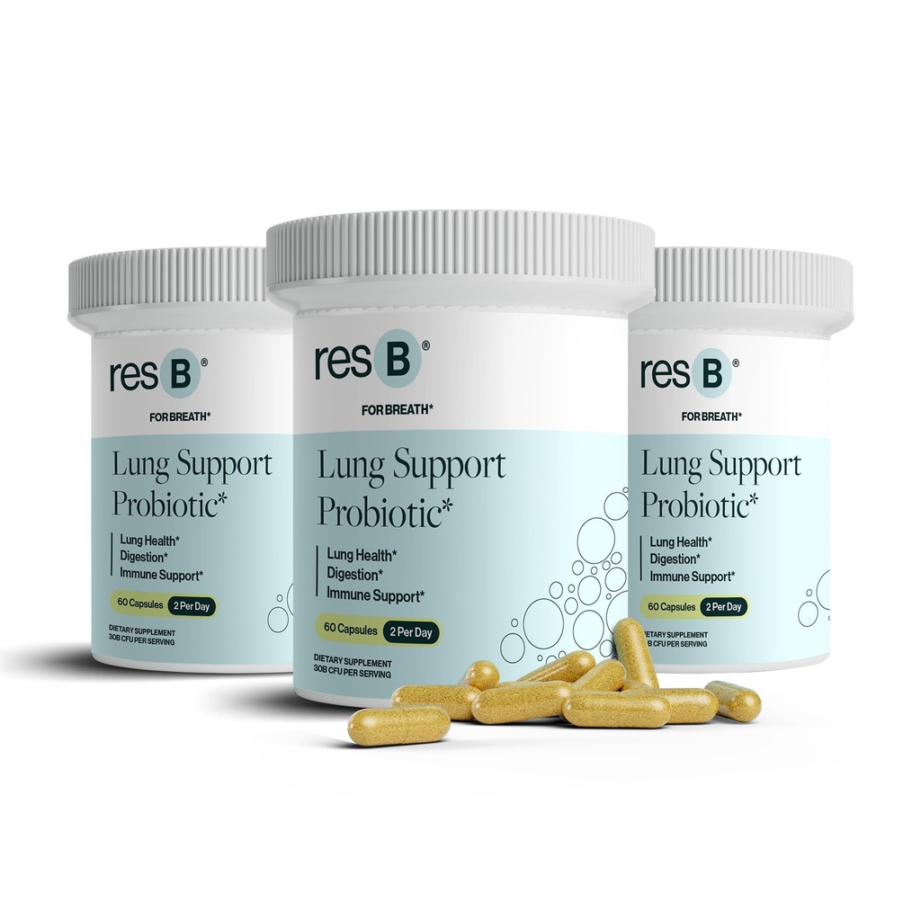 resbiotisk resB Lung Support Probiotisk supplement - Lung sundhed supplement til rygere, Gut sundhed, immunforsvar, respiratorisk pleje, hellig basilikum, gurkemeje, klinisk Trialed - 180 kapsler (3 flasker)