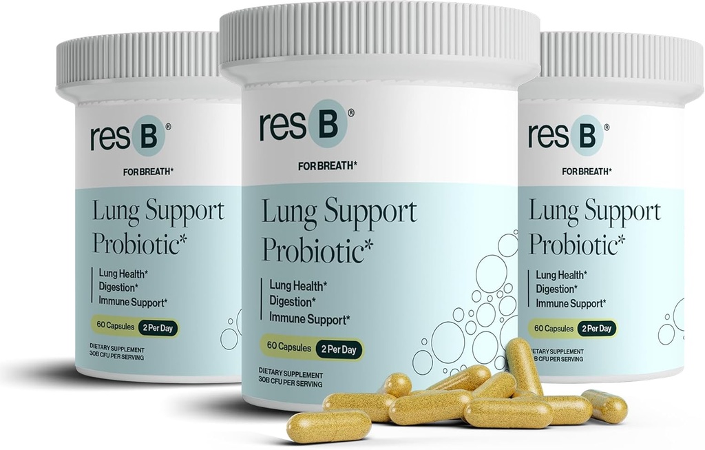 resbiotisk resB Lung Support Probiotisk supplement - Lung sundhed supplement til rygere, Gut sundhed, immunforsvar, respiratorisk pleje, hellig basilikum, gurkemeje, klinisk Trialed - 180 kapsler (3 flasker)