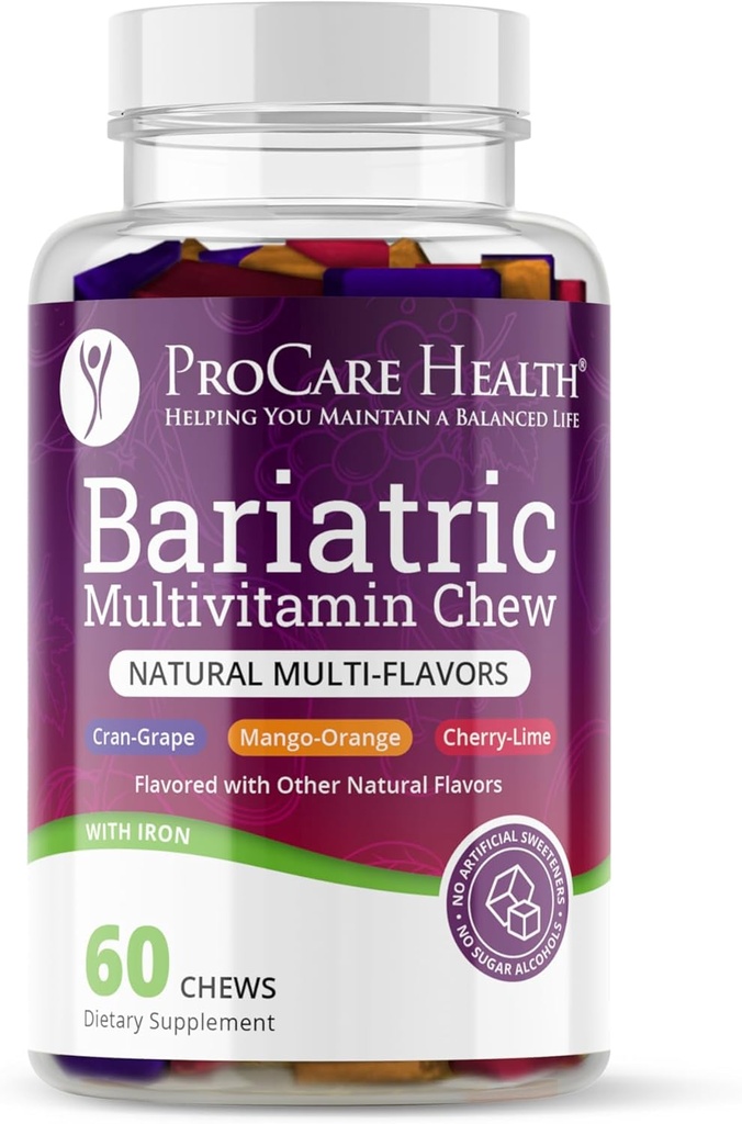 ProCare Health Measures 124; Bariatric Multivitamin Measurement 124; Soft Chew Measurement 124; 22,5 mg Iron Measurement 124; Individuelt indpakket 124; Multi- Flavor Measurement 124; Cran- Grape, Mango- Orange, Cherry- Lime Measurement 124; 60 Greve 124; 1 Måned Supply