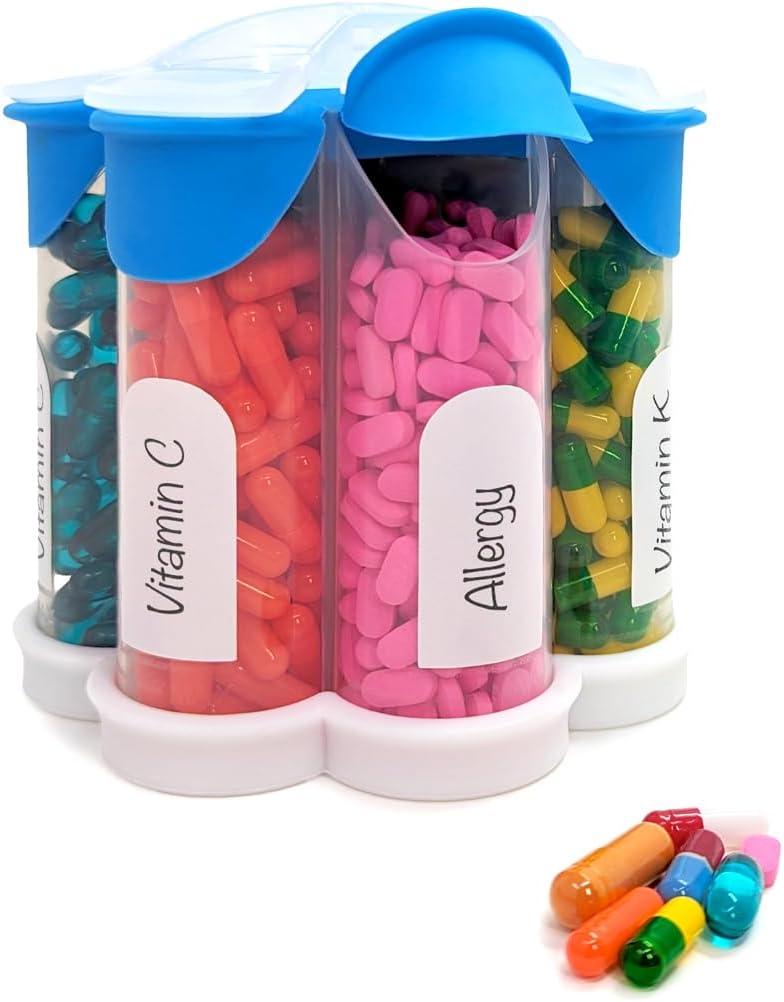 Ekstra Stor Pill Organizer Daglig, Ugentlig, Månedlig Supplement Flaske, Cute Blossom Pill Dispenser med 7 XL kompartmenter, Easy- Open Pill Box for Vitaminer, Medicin, Etiketter inkluderet (blå)