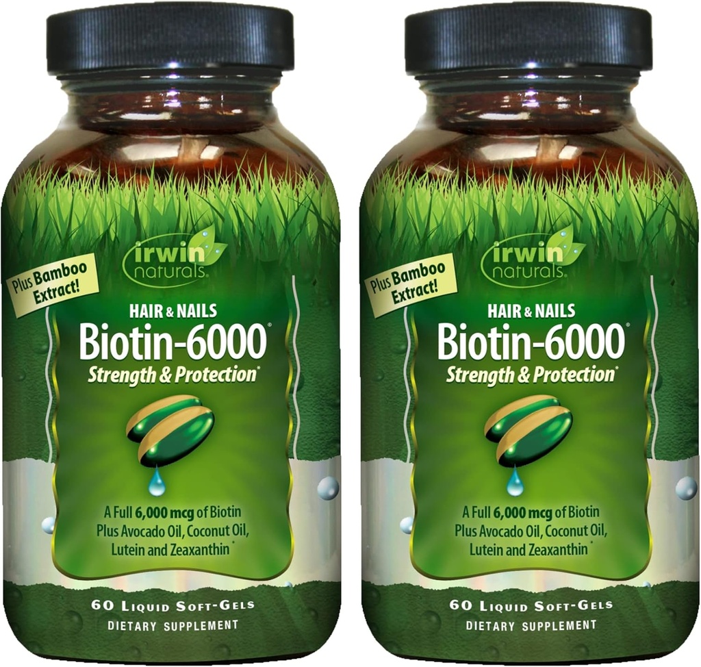Irwin Naturals Biotin- 6000- 60 Flydende Soft- Gels, pakke af 2 - understøtter styrke & beskyttelse for hår & negle - med Avocado olie, kokosolie, Lutein & Zeaxanthin - 60 Total Servering