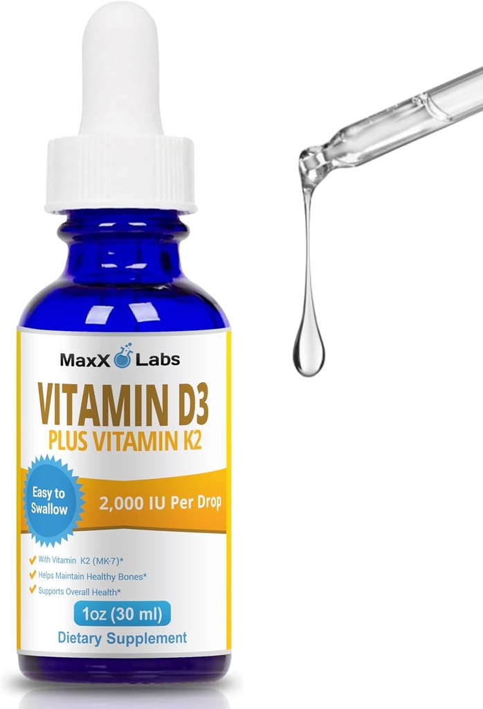 D3- vitamin K2 Flydende dråber - Flydende Vitamin - D3 2000 IE Per Drop med K2 Kosttilskud til voksne og børn - VIT D for sunde knogler, hjerte & immunforsvar - D-vitamin K2 MK7 Dropper 1 Oz