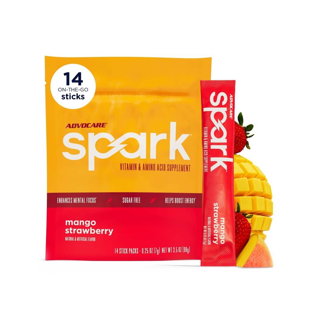 AdvoCare Gnist - Energy Drink Mix - Vitamin & Aminosyre supplement - Understøtter Energi & Focus * - Bærbar immunforsvar * - Sukkerfri - Mango Strawberry, 14 Stick Packs (3,5 oz)