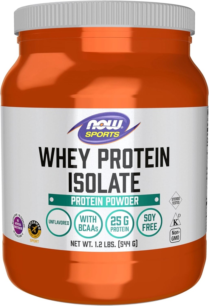 Now Foods Sport Nutrition, Whey Protein Isolate, 25 g Med BCAA, Unflavored Powder, 1.2 -Pound