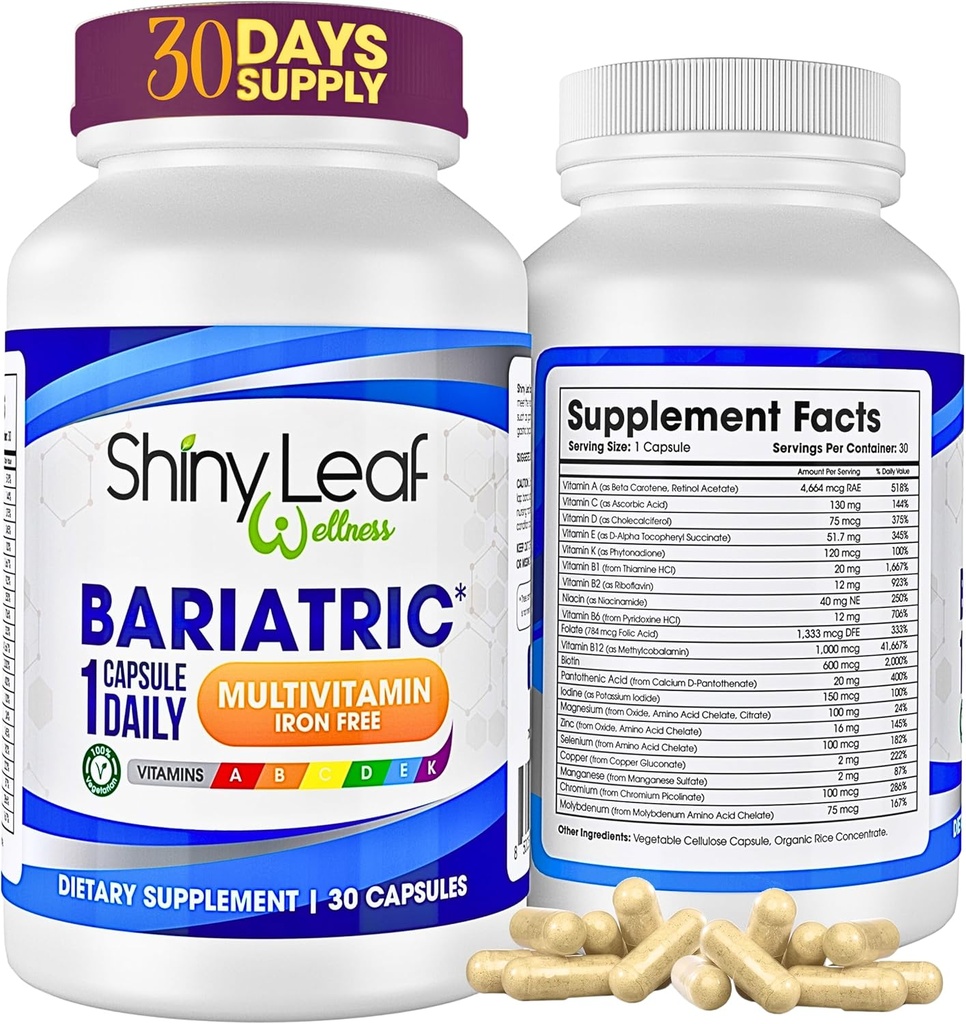 Shiny Leaf Bariatric Multivitamin Without Iron - Vitamins for Gastric Bypass & Sleeve, 1 Daily Capsule W Vitamin A, C, D, Biotin, Zinc, B12, K, Vegetarian, Soy-Free, GMP Cert., Made in USA (30 Ct.)