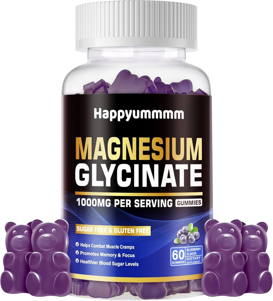 Magnesium Glycinate Gummies 1000mg - Sugar Free Magnesium Kalium Supplement med D-vitamin, B6, CoQ10 for Calm Mood & Sleep Support - 60 Blueberry Gummies