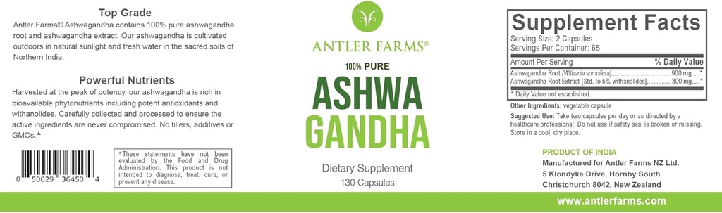 Antler Farms - 100% Pure Ashwagandha Root og Ashwagandha Root Extract, 130 Kapsler, 1200mg - Standardiseret til 5% withanolides, Enhances Mental Performance, Energy, og Immunity