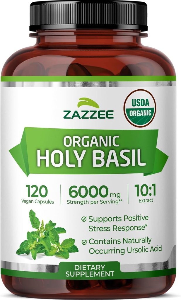 Zazzee USDA Organic Holy Basil 10: 1 Extract, 6000 mg Strength, 120 Vegan Kapsler, Koncentreret og standardiseret 10X Tulsi Extract, Ursolsyre, 100% Certificeret Organisk, Non- GMO