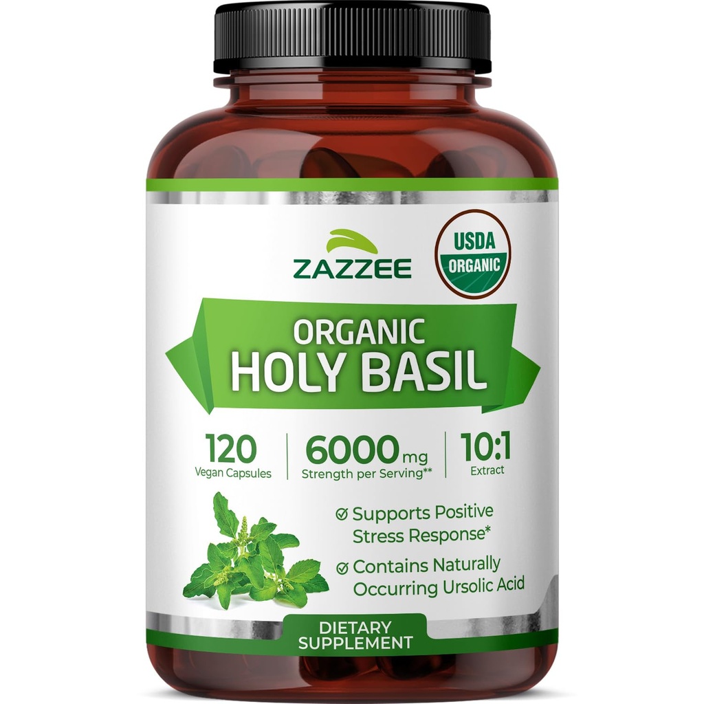 Zazzee USDA Organic Holy Basil 10: 1 Extract, 6000 mg Strength, 120 Vegan Kapsler, Koncentreret og standardiseret 10X Tulsi Extract, Ursolsyre, 100% Certificeret Organisk, Non- GMO