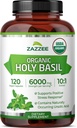 Zazzee USDA Organic Holy Basil 10: 1 Extract, 6000 mg Strength, 120 Vegan Kapsler, Koncentreret og standardiseret 10X Tulsi Extract, Ursolsyre, 100% Certificeret Organisk, Non- GMO