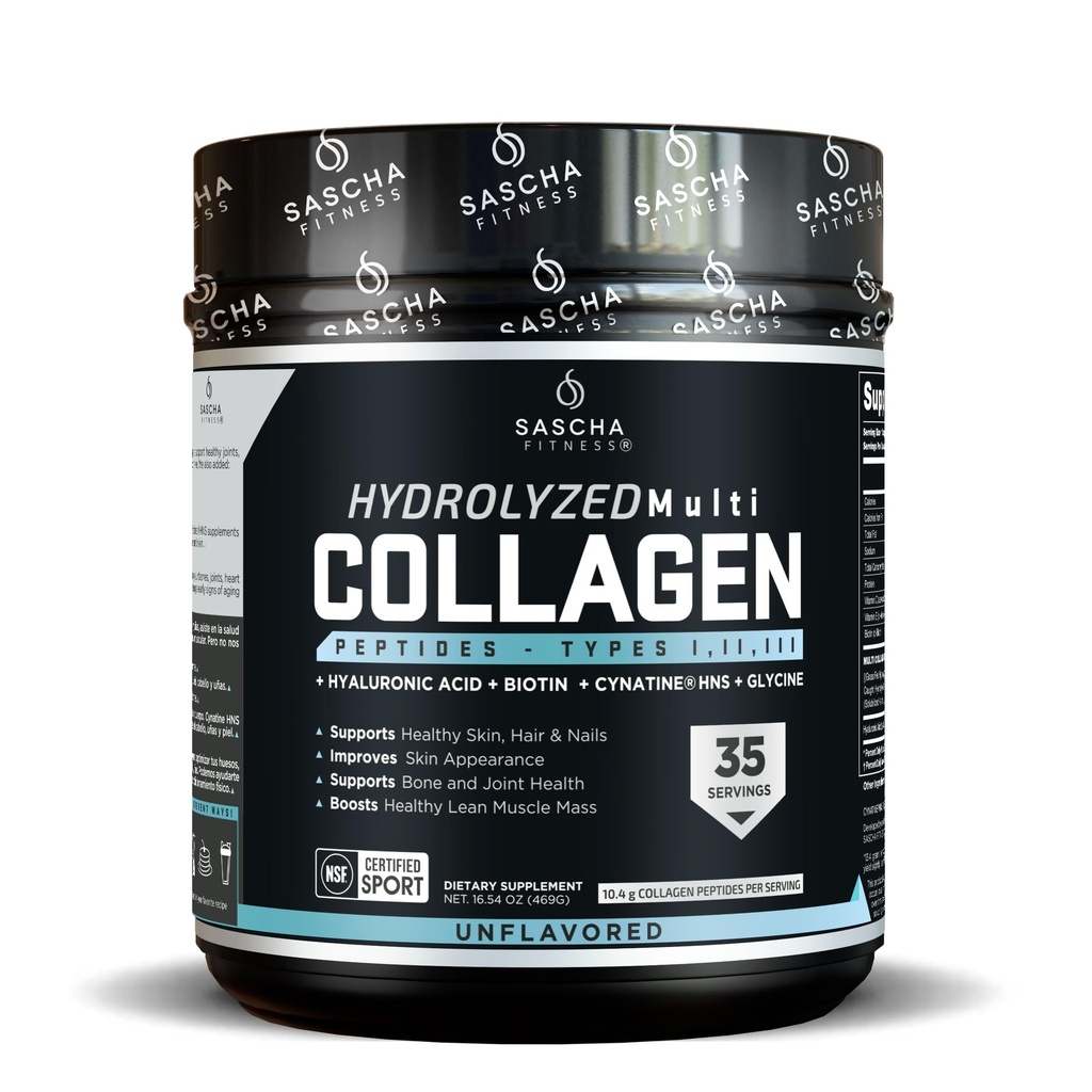 SASCHA FITENess Hydrolyzed Multi Collagen Peptider Tipes 1,2 & 3; Hyaluronsyre- 124; Biotin- 124; Cynatine HSN - 124; C-vitamin & E - 124; til hår, hud- og benstøtte 124; Uden smag