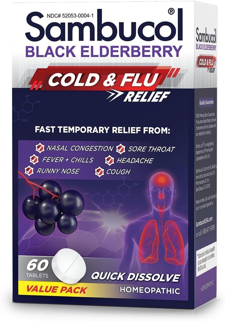 Sambucol Cold and Flu Relief Tablets - Homøopatisk Cold Medicine, Cold Remedy til voksne, Black Elderberry til Colds, Zink Cold Remedy - 60 Greve