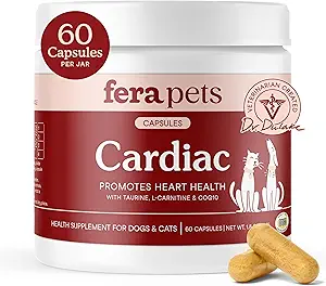Fera Kæledyr Hjertestøtte - Kat & Hund Heart supplement med Taurine, L- Carnitin, & CoQ10 - fremmer normal cirkulation og hjerterytme - 60 kapsler