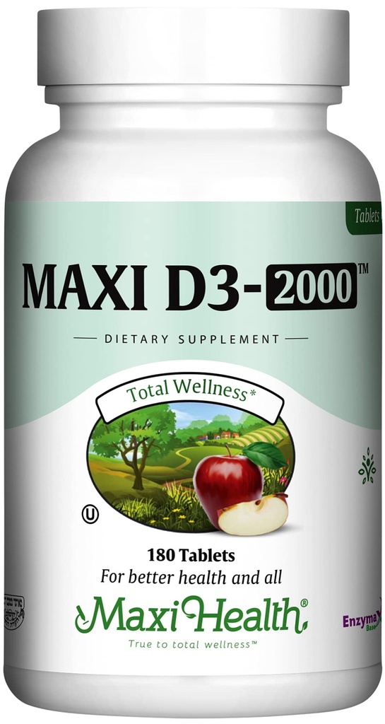 Maxi Health Kosher Vitamin D3 2000IE - stærkt Absorberbare D-vitamin kosttilskud til sund immunrespons, Calcium Absorption, tænder & ben Sundhed - D3 Vitamin 2000 IE - 180 tabletter
