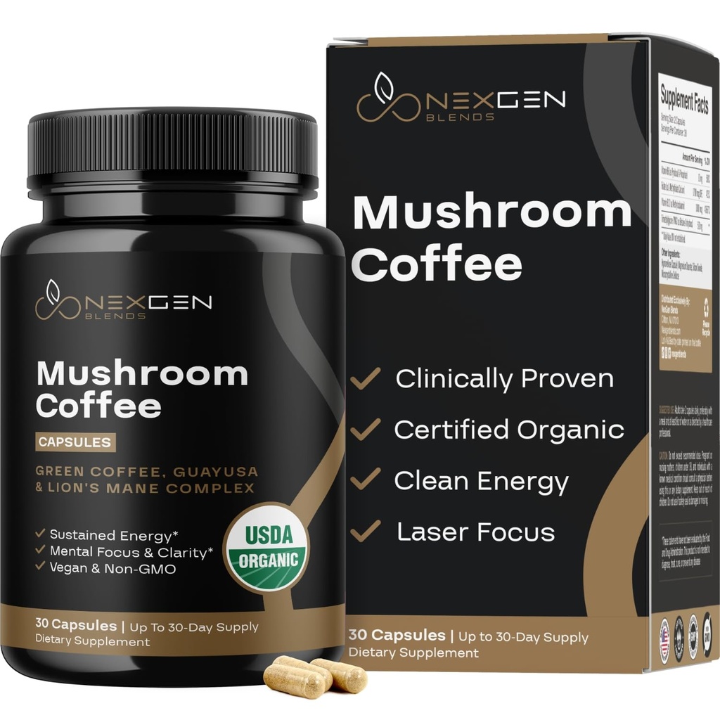 100% Økologiske champignon kaffekapsler - Natural Energy Supplement med 130mg koffein fra klinisk proven Patenteret Green Coffee Bean & Guayusa Ekstrakter til Jitter- Free Energy & Focus (30 Servere)