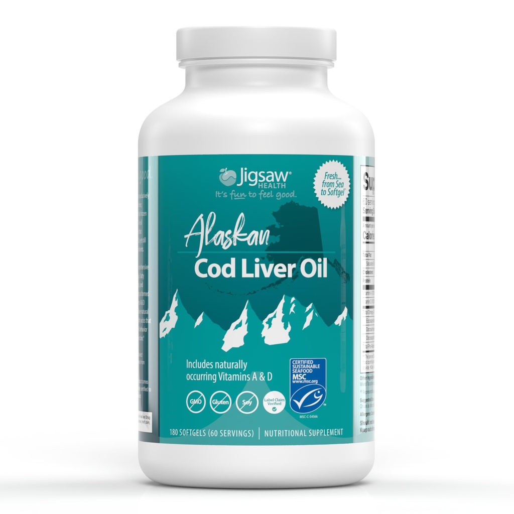 Jigsaw Health Alaskan Cod Liver Oil 124; 900 mg Omega- 3s med EPA, DHA, og DPA; 124; Inkluderer naturligt Occurerende Vitamin A & D; 180 Softgels