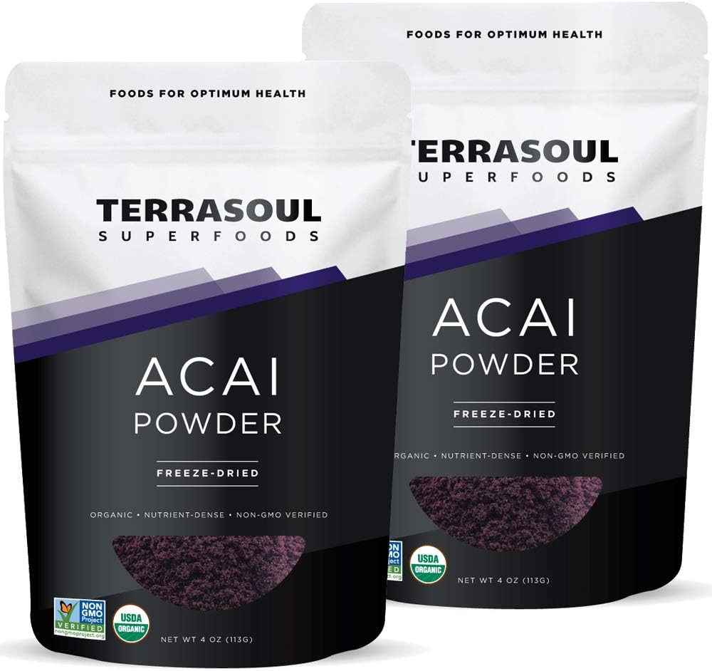 Terrasoul Superfoods Organic Acai Berry Powder, 4 Oz (Pack of 2), Freeze-Dried for Freshness, Omega Fats Boost for Smoothie Bowls, and Antioxidant-Packed Superfoods Recipes
