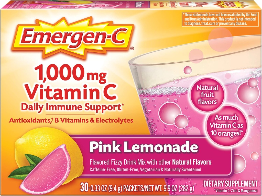 Emergen- C 1000mg C-vitamin pulver, med antioxidanter, B-vitaminer og elektrolyter, Immunitetstilskud til immunstøtte, koffein fri Fizzy Drink Mix, Pink Lemonade Flavor - 30 Greve (pakke med 12)