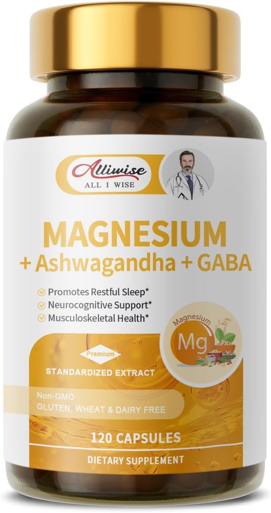 Magnesiumsupplement + Ashwagandha & GABA, Magneium Glycinat, Taurat, Malatekompleks til Clam Sleep, Muskler Inddrivelse, Nerves, & Energy Support, High Absorption Vegan, Non- GMO - 120 ct