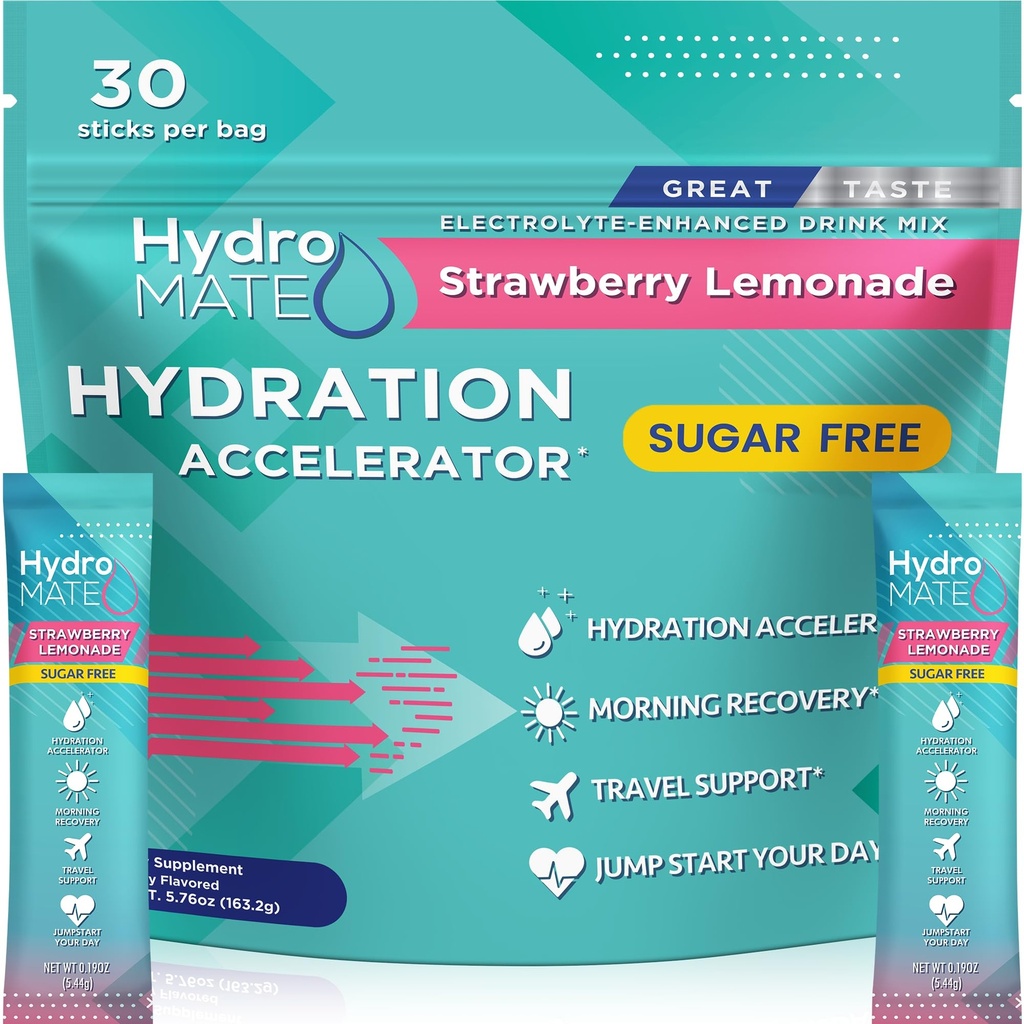 Elektrolytpulver Sugar- fri hydrering Pakninger Jordbær Lemonade HydroMATE 30 sticks