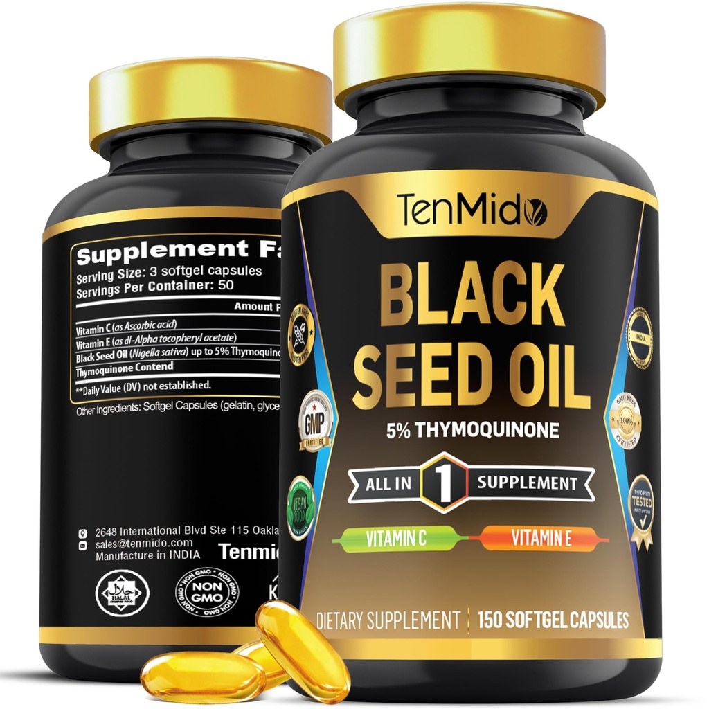 Black Seed Oil Capsules Supplement - 4in1 Formel - Kombiner med C-vitamin, E-vitamin - fordøjelsessygdomme, immunforsvar - Rig i ernæring - 150 Softgel kapsler