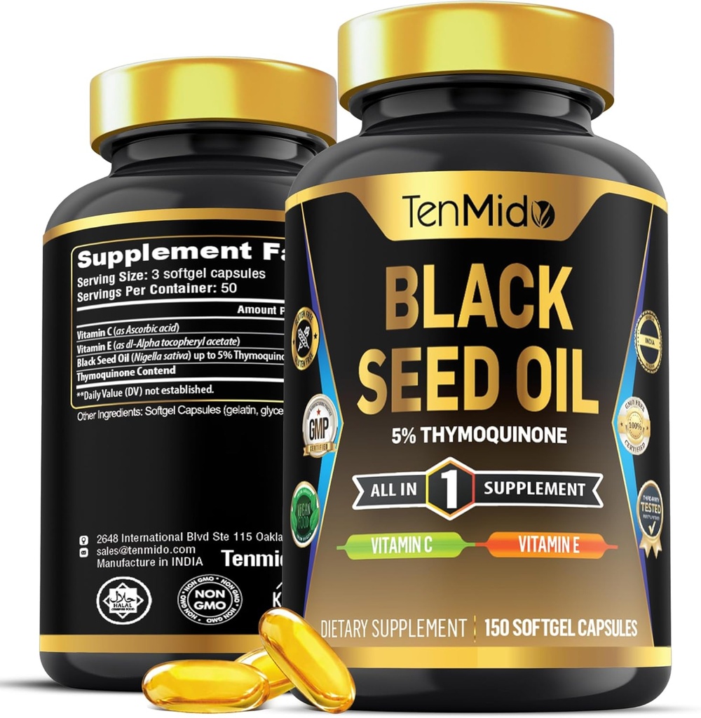 Black Seed Oil Capsules Supplement - 4in1 Formel - Kombiner med C-vitamin, E-vitamin - fordøjelsessygdomme, immunforsvar - Rig i ernæring - 150 Softgel kapsler