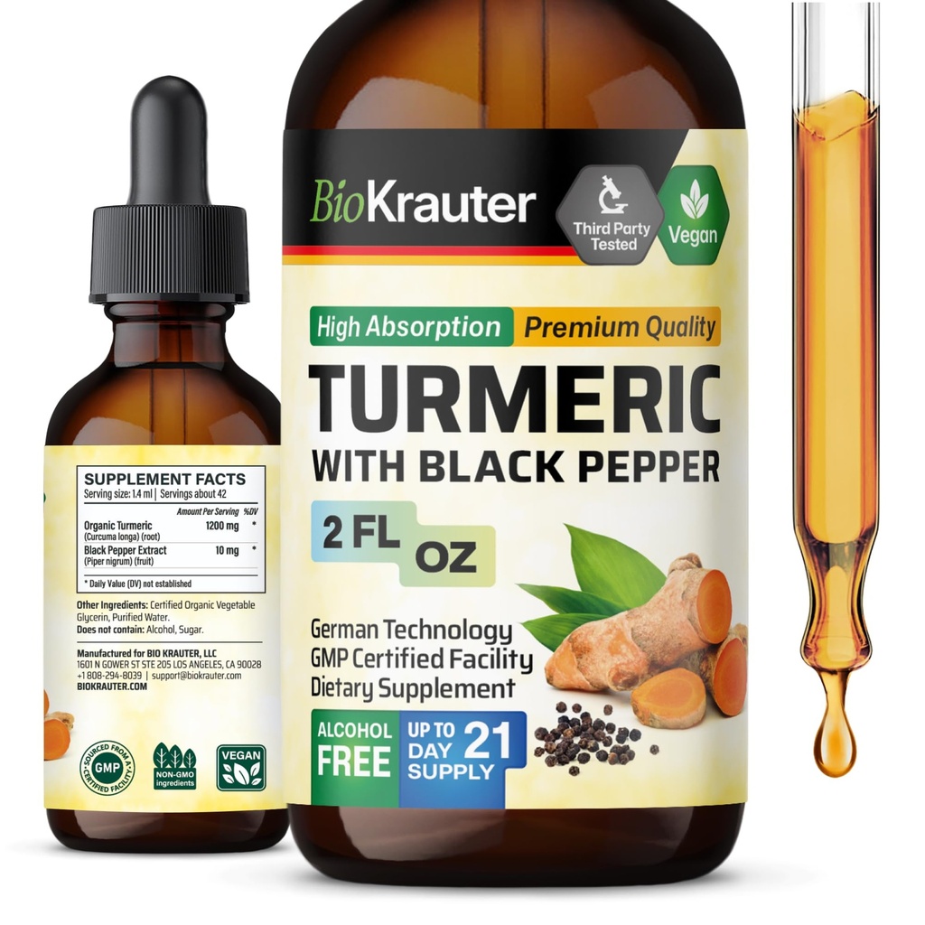 BIO KRAUTER Gurkemeje Supplement Tinktur - 1200 mg gurkemeje med sort peber ekstrakt - Alkohol og sukker fri - Vegansk dråber 2 Fl.Oz.