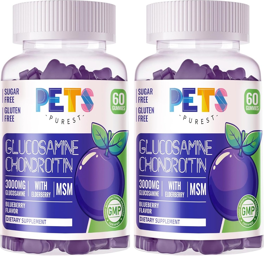Kæledyr Purest Glucosamin Chondroitin Gummies med MSM & Elderberry Extra Strength - Fælles støtte, Antioxidant immunsupport supplement til voksne, mænd og kvinder. (2 Pack) Blåbær
