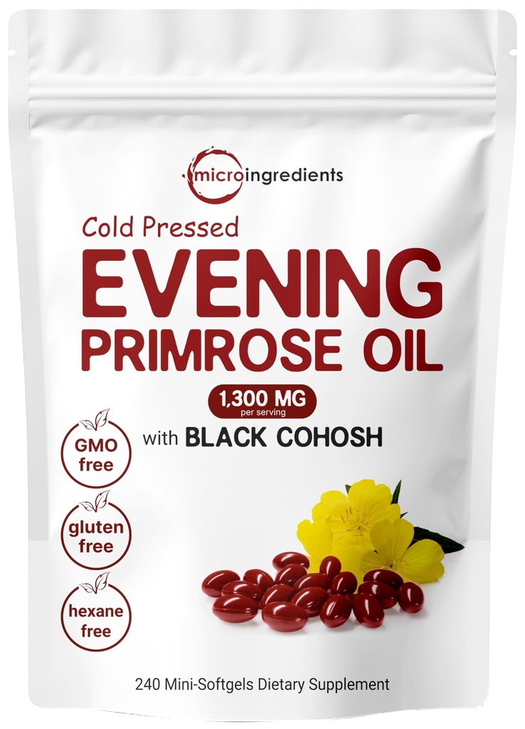 Micro Ingredients Evening Primrose Oil 1300mg Per Serving, 240 Softgels ttesmå 124; forbedret med 40mg Black Cohosh Extract, Cold Pressed - 10% Aktiv GLA, Non- GMO, No Gluten, Let at synke