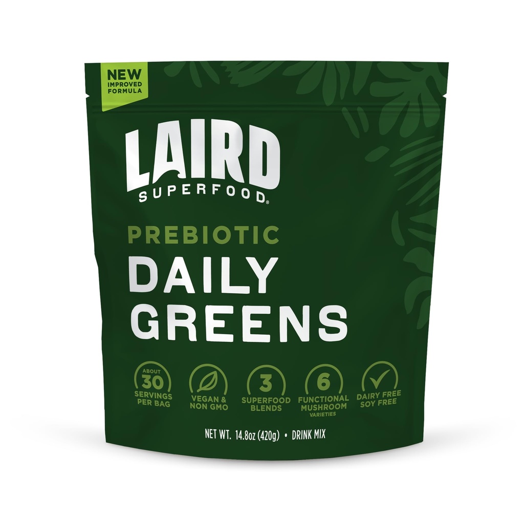 Laird Superfood Prebiotic Daily Green Powder - Essential Vitamin & Minerals - Prebiotic Fiber, Adaptogen og Frugter & Grøntsager - Understøtter Gut Health - Non- GMO, Vegan - 14.8 oz Bag, pakke med 1