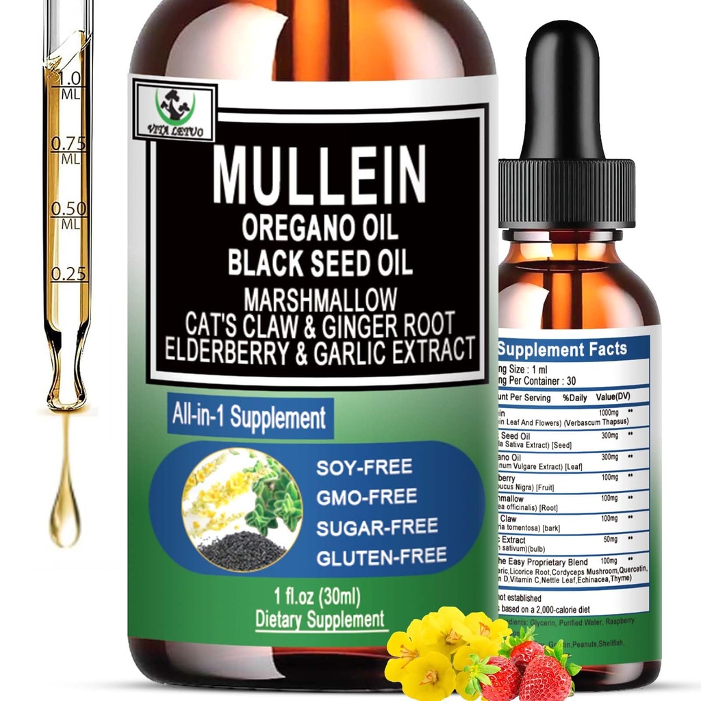 16- in-1 Organic Mullein Drops for Lungs Mea124; Mullein Leaf Extract w / Oil of Oregano with Black Seed Oil Mea124; Non- GMO & Gluten Free Respiratory Health Liquid Drops Mea124; Mullein Supplement Cleanse for Rygere