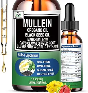 16-in-1 Organic Mullein Drops for Lungs | Mullein Leaf Extract w/Oil of Oregano with Black Seed Oil | Non-GMO&Gluten Free Respiratory Health Liquid Drops | Mullein Supplement Cleanse for Smokers