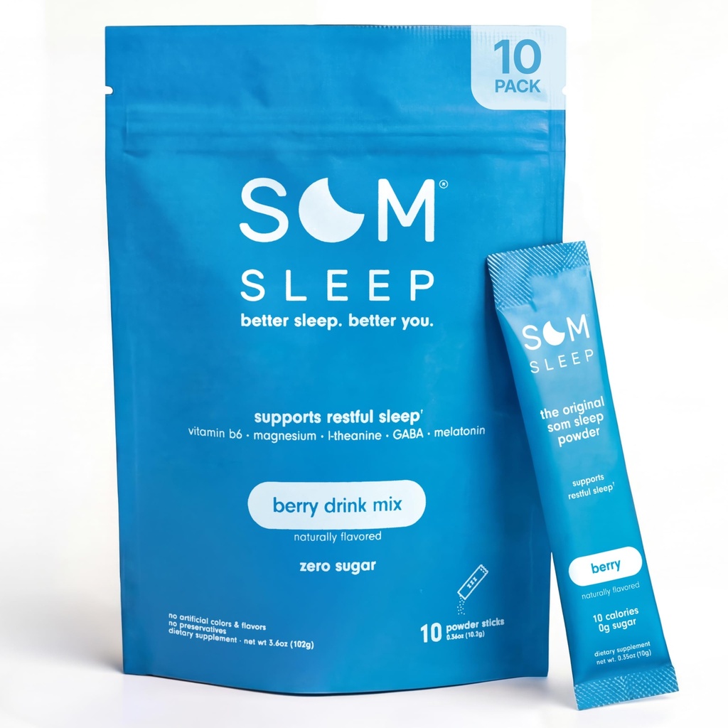 Som søvn, rolig søvn pulver drik mix, 3 mg melatonin, Magnesium, vitamin B6, L-Theanine & GABA - Vegan, Zero Sugar, Keto Friendly - Berry, 10- Pack