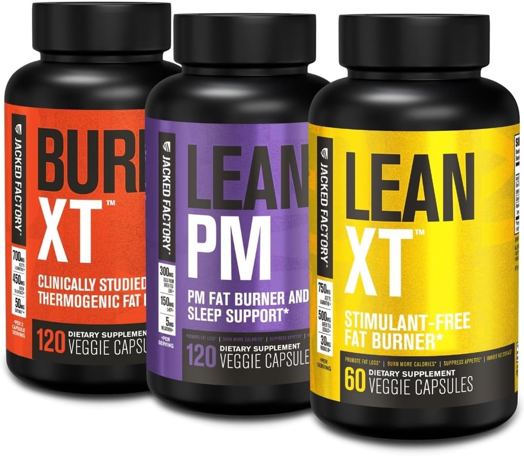 Jacked Factory Burn- XT Klinisk Studerede termogene Fat Burner (120 Kapsler), Lean PM Nighttime Fat Burner og Sleep Aid (120 Kapsler), Lean- XT Kaffe- Free Weight Loss Supplement (60 Kapsler)