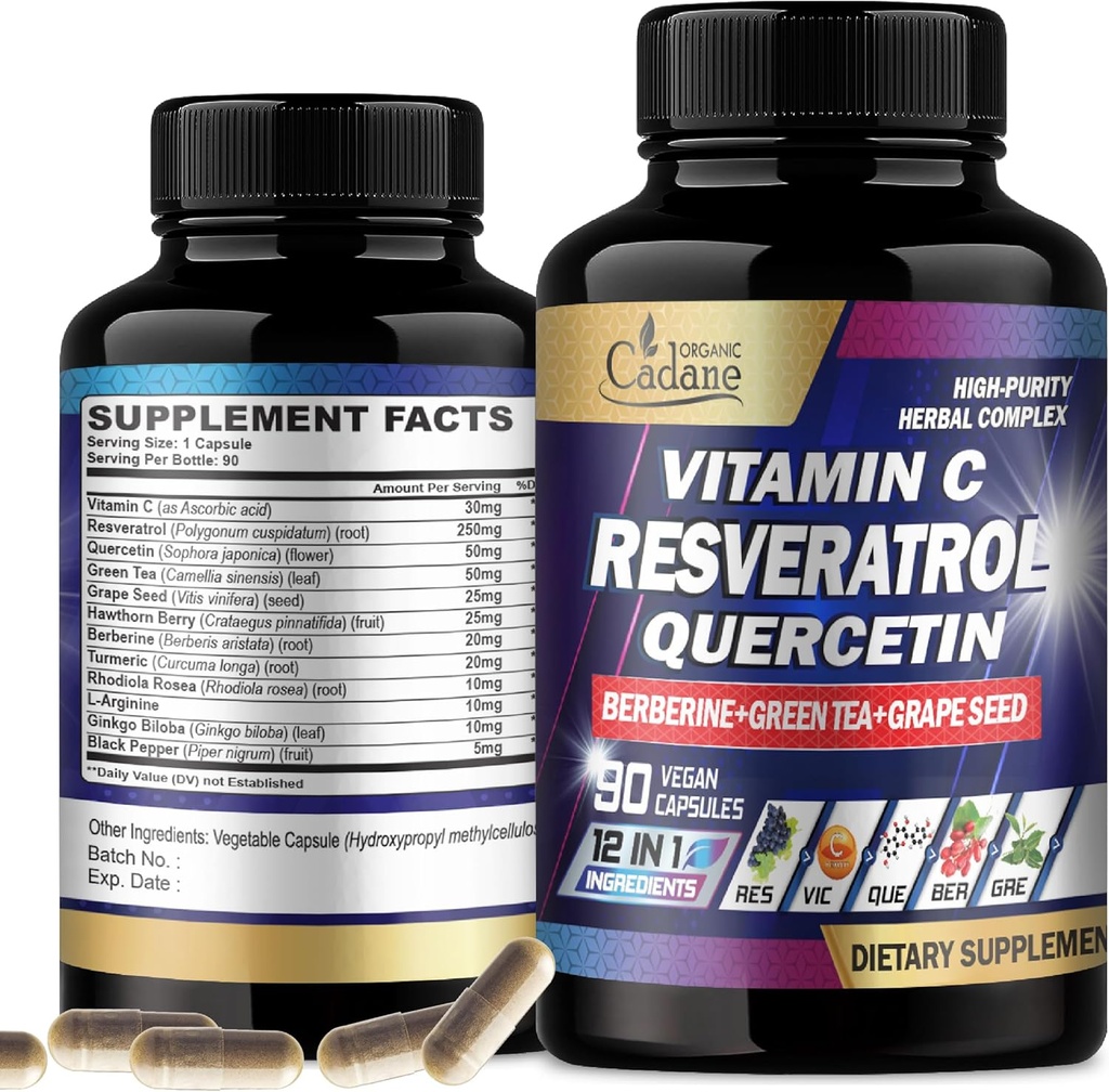 Organic Cadane Resveratrol Supplement - 12in1 Blended with VIT.C, Quercetin, Berberine, Turmeric, Green Tea & More - 90 Capsules 3 Month