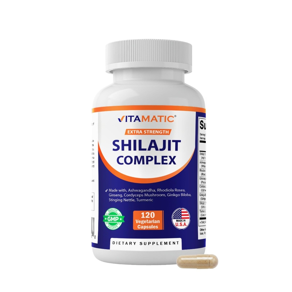 Vitamatic Shilajit Complex kapsler, Lavet med Ashwagandha, Rhodiola, Ginseng, Cordyceps, Ginkgo, Nettle, Gurkemeje - 120 Veggie kapsler - Ekstra styrke Shilajit ekstrakt for mænd og kvinder