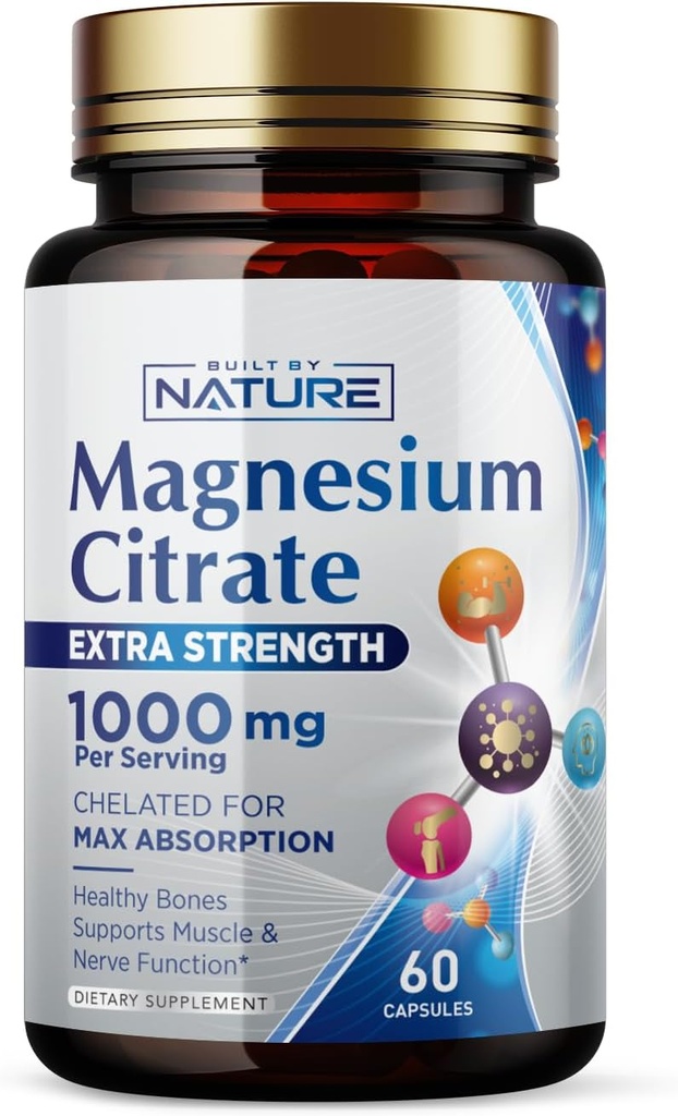 Magnesium Citrate 1000mg - Max Absorption & High Potency Magnesium Complex supplement til hjerte, muskel, nerve, ben sundhed & stress Relief - Non-GMO, glutenfri - 60 Vegankapsler