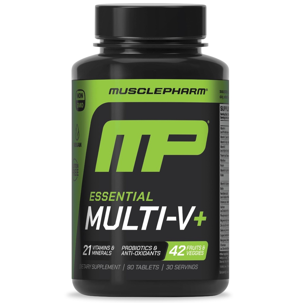 Muscle Pharm Essentials Multi- V +, The Atlete 's Multi- Vitamin, Forbedret energi, Performance & immunforsvar, Daglig Multivitamin for mænd og kvinder med mineraler Plus Probiotika, 90 tabletter, 30 Servering