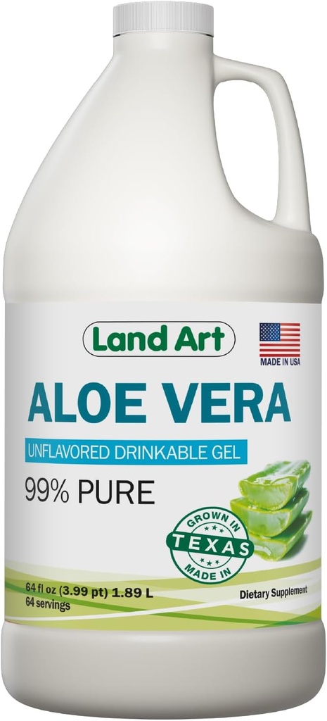 Land Art - Organisk Aloe Vera Drinkable Gel for Heartburn & Acid Reflux Relief - 99,7% Pure - Cold- Forarbejdede - Forbedrer fordøjelsessundhed - Lindrende og Natural - Vegan & Gluten- Free - 64 fl oz