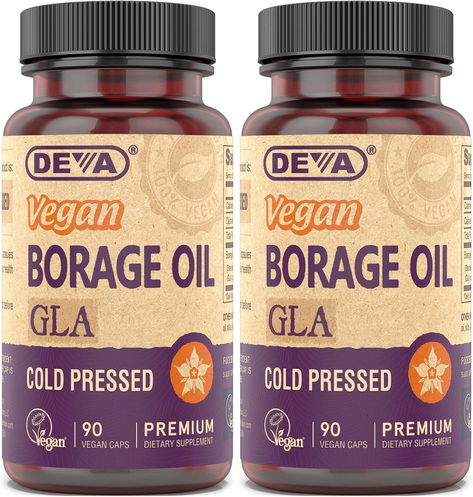DEVA Vegan Vitamin, Borage Oil 500mg, Kilde til Omega- 6 Fedtsyrer GLA (Gamma linolensyre), Cold- Pressed & Uraffineret, 90 tabletter (pakke med 2)