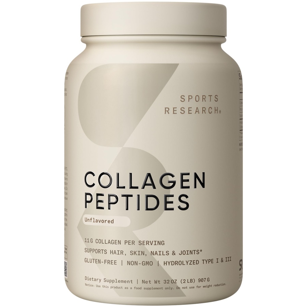 Sports Research Collagen Peptider - Hydrolyzed Type 1 & 3 Collagen Powder Protein supplement for sund hud, negle, & Joints - Nem blanding Vital Nutrients & Proteiner, Collagen for kvinder og mænd