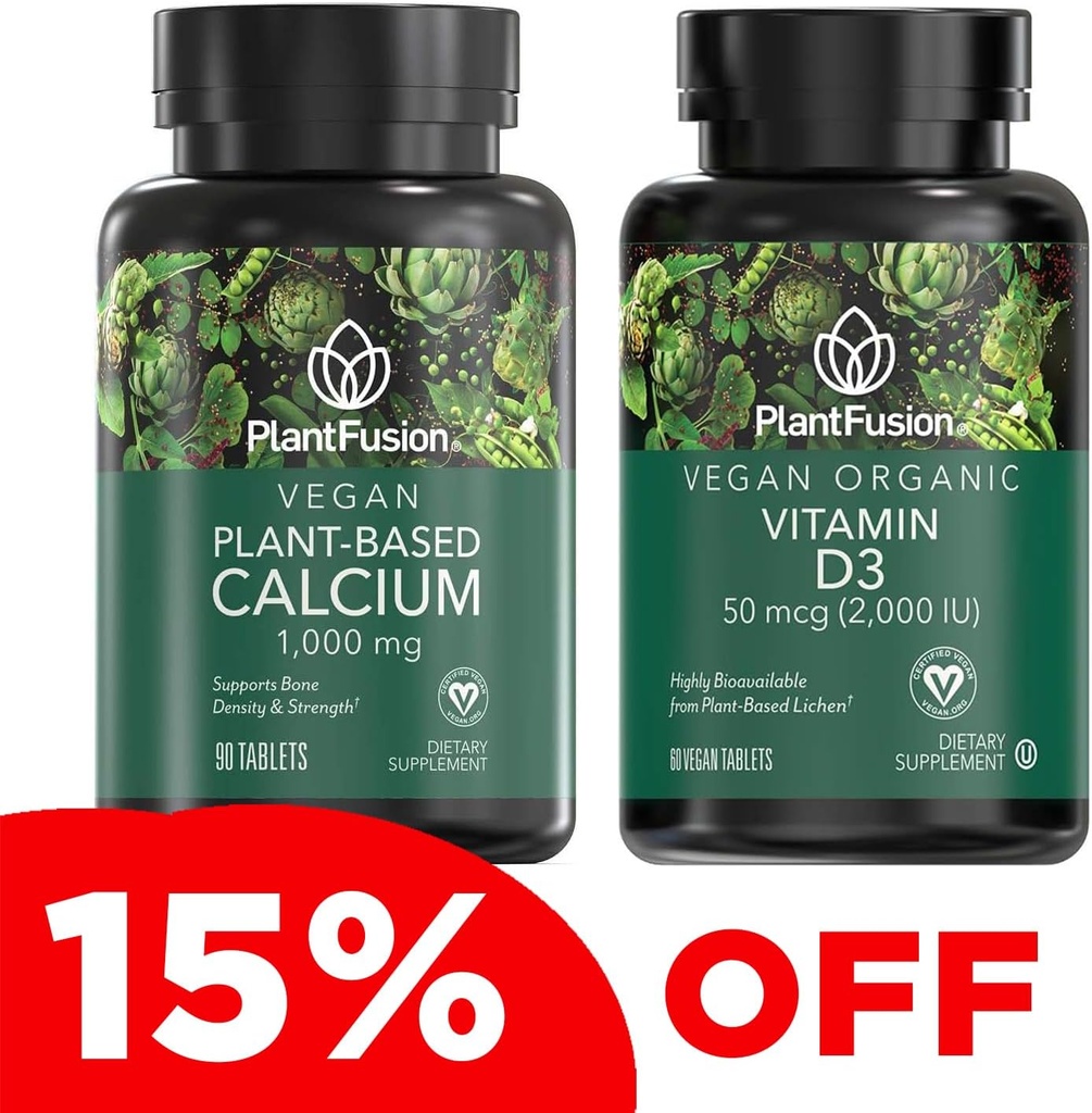 PlantFusion Vegan Calcium & D3 Bundle - Premium Plant Based Calcium 1000mg og D3 2000IE Kosttilskud til Knoglevækst, densitet og styrke & immunforsvar