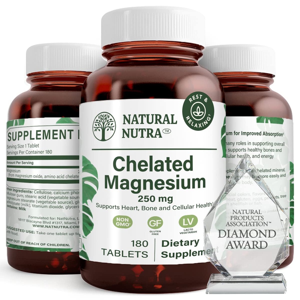 Natural Nutra Chelated Magnesium Oxide 250 mg - Høj Absorption for stærke ben, Heart Health, Dental Health, Energy Boost, Gluten- Free, Non- GMO, 180 tabletter i BPA- Free recyclable glasflasker