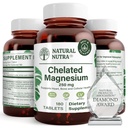 Natural Nutra Chelated Magnesium Oxide 250 mg - Høj Absorption for stærke ben, Heart Health, Dental Health, Energy Boost, Gluten- Free, Non- GMO, 180 tabletter i BPA- Free recyclable glasflasker