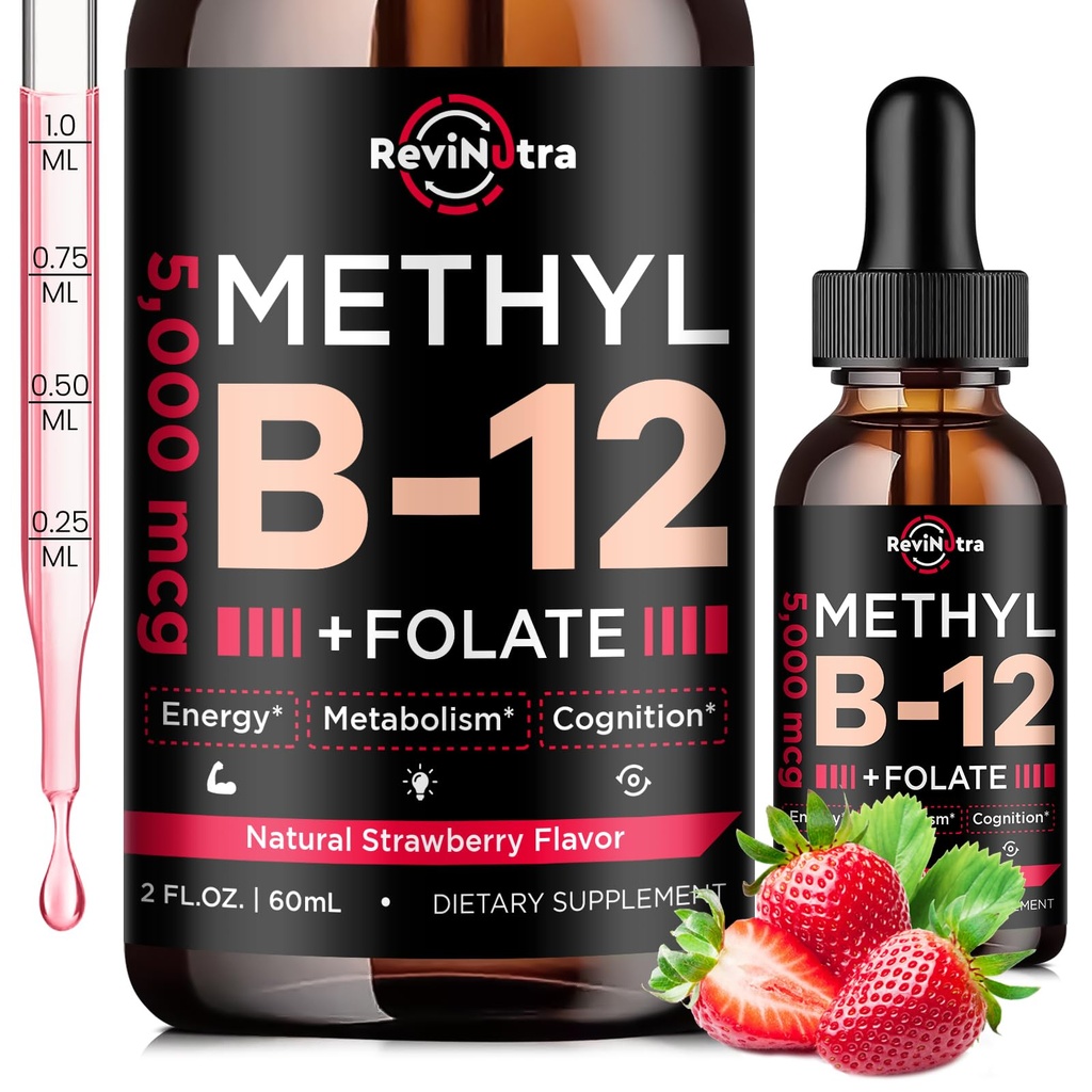 Vitamin B12 flydende dråber, B12 vitaminer 5000 mcg, Vitamin B Complex supplement med Methylcobalamin B12 Sublingual, Vitamin B6, Folate for Energy, Brain, Heart Health, Vegansk Jordbærsmag 2 Fl Oz