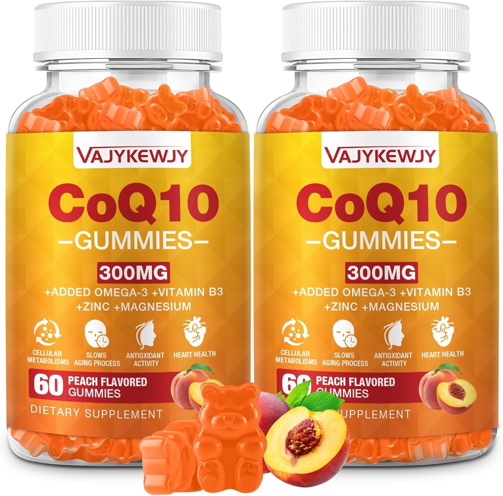 2 Pack CoQ10 Gummies 3000 mg - Plus Omega-3, vitamin B3 & Zink, høj Absorption Coenzym Q10 Kosttilskud til cellulær energi & antioxidant Support, Vegan 120 Tæl