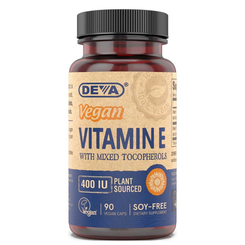 DEVA Vegan Vitaminer Natural Vitamin E 400IE med blandede tocopheroler, understøtter immunsystem & hudernæring, Natural Antioxidant & Gluten Free, Dairy Free, Non- GMO, 90 Kapsler