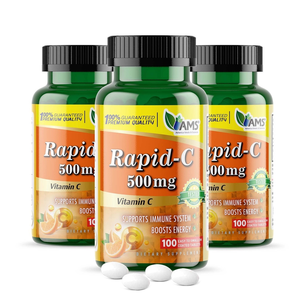 America Medic & Science Rapid- C 500mg C-vitamin supplement (3 pakker med 100 tabletter) Energy Booster, Daglig immunsystem support, Antioxidant Б124; Vegan, Non- GMO coated Ascorbic Acid til voksne mænd og kvinder