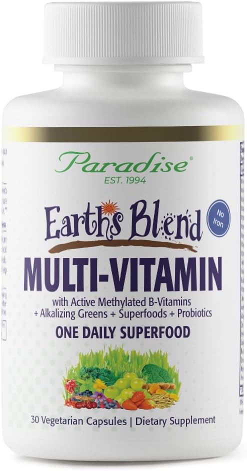 Paradise urter Jordens Blend Én gang Daglig Multivitamin for mænd, Ingen jern, 48 Organic Superfoods, Probiotika, Antioxidanter, Vitamin A, B12, C, D, K2, 30 Greve